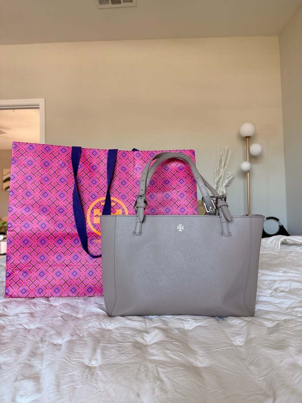 Tory Burch Gray Saffiano Leather Tote Bag